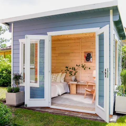 wooden garden cabin with soothing colours